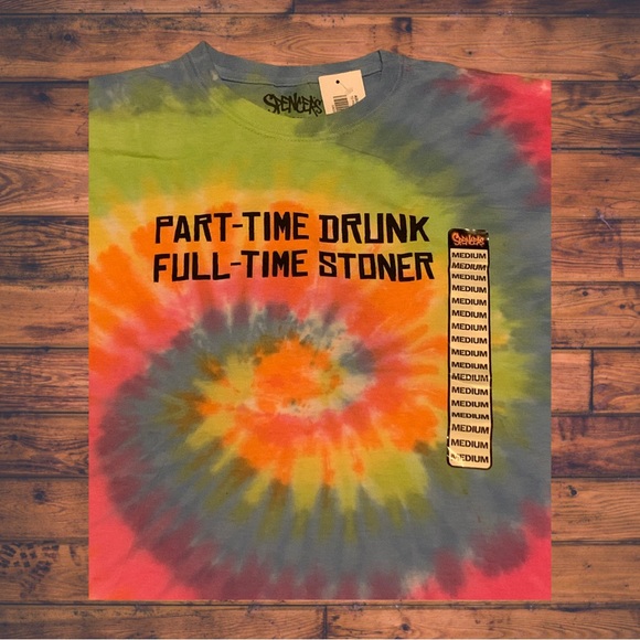 Part Time Drunk Full Time Stoner Funny 420 Shirt Spencer’s Tie Dye Rainbow - Picture 2 of 5